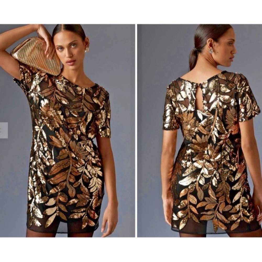 Anthropologie Maeve Short Sleeve Embellished Mini Dress 1X Sheer Gold Sequin NYE